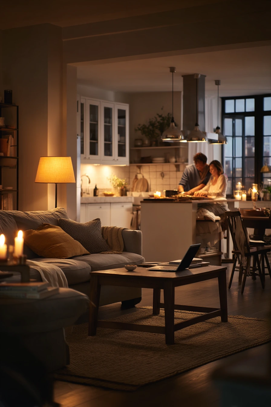Open-Plan Living Room with Layered Evening Light