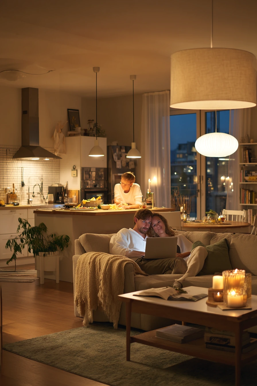 Open-Plan Living Room with Layered Evening Light