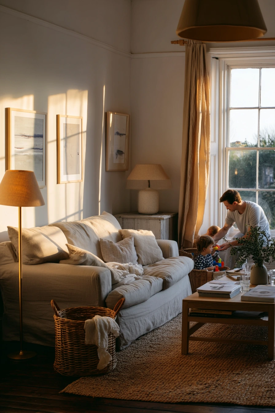Sunlit Family Living Room with Layered Lamps